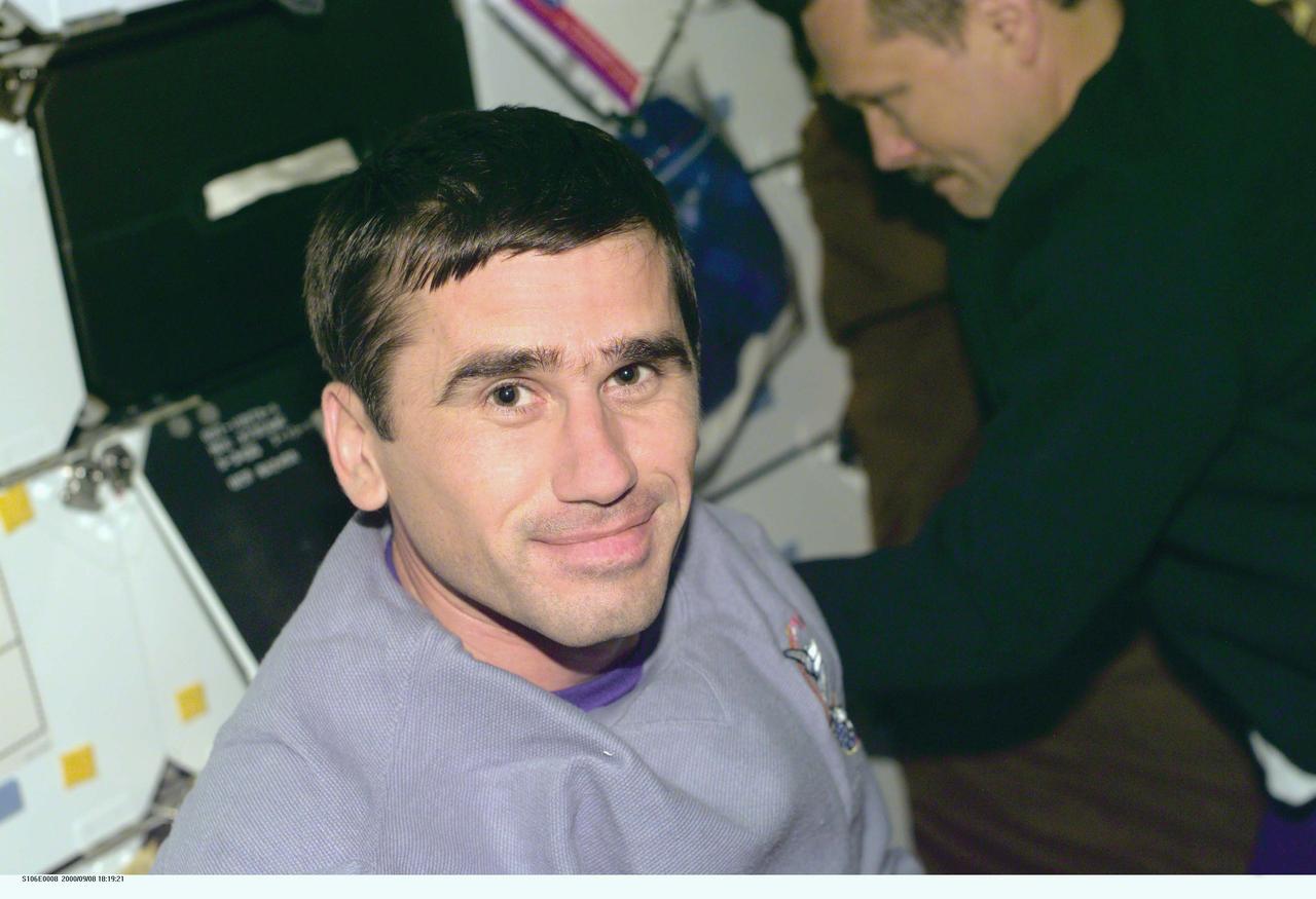 S106-E-5008 (8 September 2000) --- Cosmonaut Yuri I. Malenchenko, mission specialist representing the Russian Aviation and Space Agency, joins STS-106 crew mates in readying the Space Shuttle Atlantis for about a week and a half of work in Earth orbit.