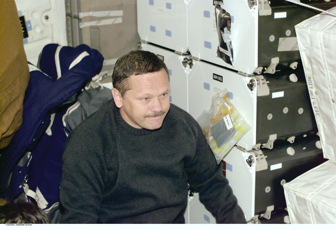 S106-E-5015 (8 September 2000) --- Cosmonaut Boris V. Morukov, mission specialist representing the Russian Aviation and Space Agency, sizes up some of the work ahead over the next several days onboard the Space Shuttle Atlantis.