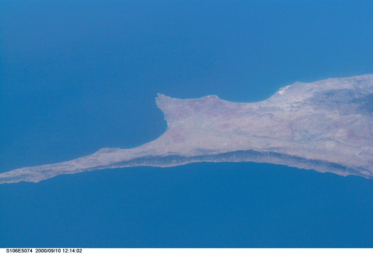 S106-E-5074 (10 September 2000) --- This south-looking view from the Space Shuttle Atlantis, flying above Turkey, features the Mediterranean island of Cyprus. The photo was taken with an electronic still camera (ESC) on Flight Day 3 of the scheduled 11-day STS-106 mission.