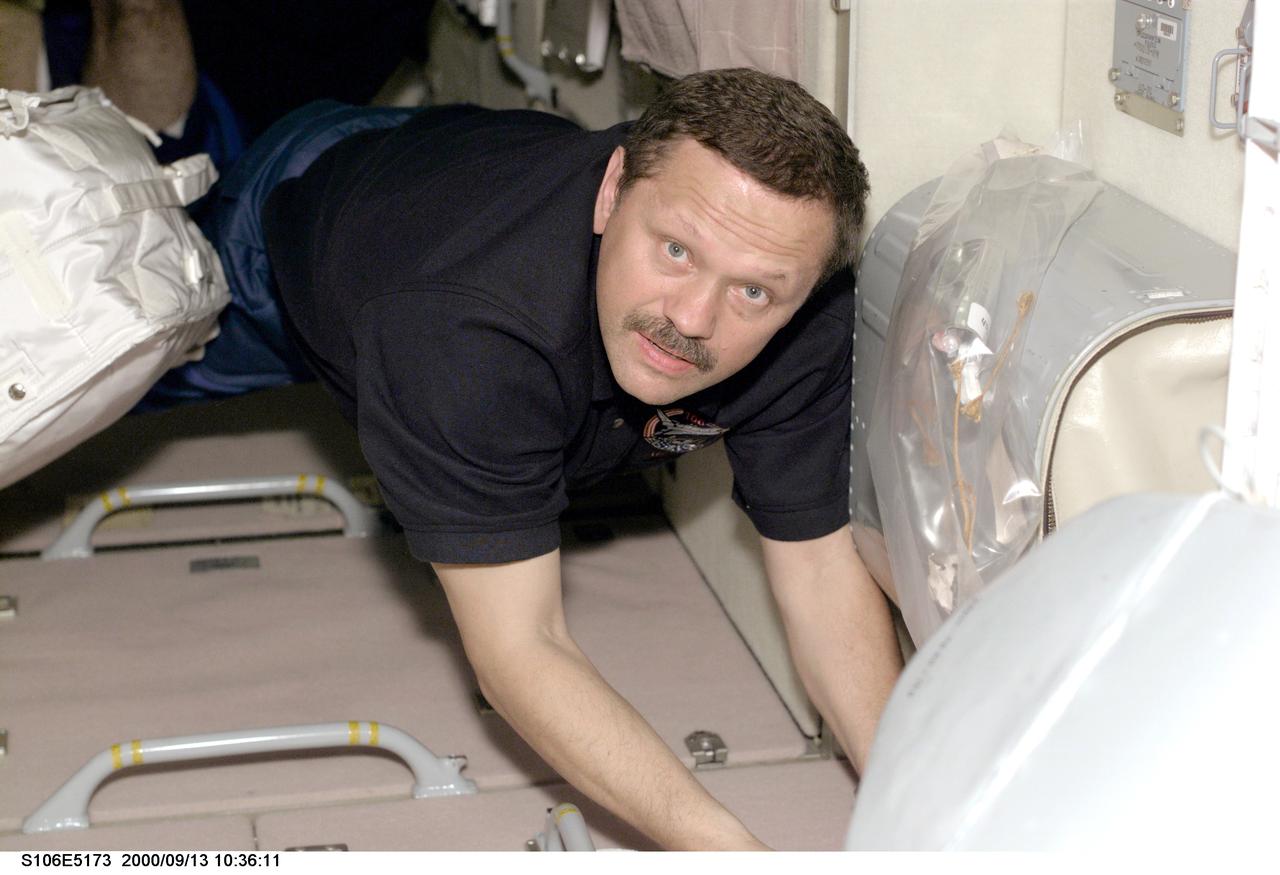 S106-E-5173 (13 September 2000) --- Cosmonaut Boris V. Morukov, mission specialist representing the Russian Aviation and Space Agency, is part of the team effort to ready the International Space Station (ISS) for  permanent habitation.  The STS-106 astronauts and cosmonauts are continuing electrical work and transfer activities as they near the halfway point of docked operations with the International Space Station. In all, the crew will have 189 hours, 40 minutes of planned Atlantis-ISS docked time.