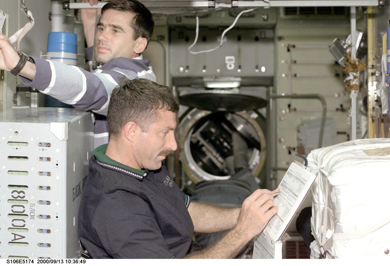 S106-E-5174 (13 September 2000) --- Cosmonaut Yuri I. Malenchenko (left), representing the Russian Aviation and Space Agency, and astronaut Daniel C. Burbank are part of the team effort to ready the International Space Station (ISS) for permanent habitation.  These two mission specialists and the other STS-106 astronauts and cosmonaut are continuing electrical work and transfer activities as they near the halfway point of docked operations with the International Space Station. In all the crew will have 189 hours, 40 minutes of planned Atlantis-ISS docked time.