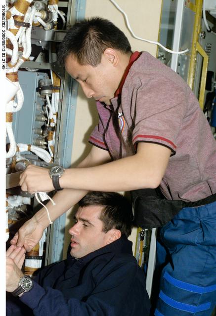 NASA image: MS Malenchenko and MS Lu conduct electrical work in Zvezda during STS-106