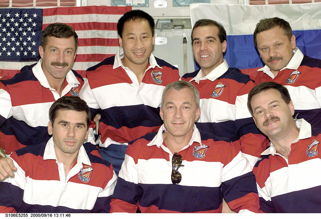 S106-E-5255 (16 September 2000) --- STS-106 crew members, rapidly approaching the time when good-byes to the International Space Station (ISS) will be in order, pose for an inflight crew portrait, snapped by a pre-set electronic still camera (ESC) nearby.  Astronaut Terrence W. Wilcutt, mission commander, is at front center, and Scott D. Altman, pilot, front right. Cosmonaut Yuri I. Malenchenko, mission specialist, is at front left. In the rear are (from the left) astronauts Daniel C. Burbank, Edward T. Lu and Richard A. Mastracchio, along with cosmonaut Boris V. Morukov, all mission  specialists.  Malenchenko and Morukov represent the Russian Aviation and Space Agency.