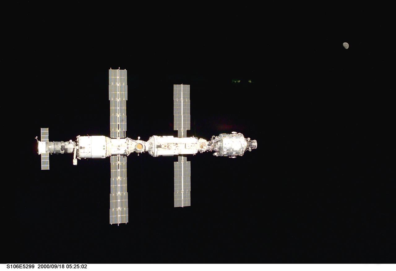 S106-E-5299 (18 September 2000) --- Backdropped against the blackness of space, the International Space Station (ISS) is seen following its undocking with the Space Shuttle Atlantis. After accomplishing all mission objectives in outfitting the station for the first resident crew, the seven astronauts and cosmonauts undocked at 3:46 (GMT) on Sept. 18 over Russia near the northeastern portion of Ukraine. When Atlantis was at a safe distance from the station, about 450 feet, astronaut Scott D. Altman, pilot, performed a 90-minute, double-loop fly around to enable the crew to document the station’s exterior. He fired Atlantis’ jets one final time to separate from the station at 5:35 GMT, September 18.