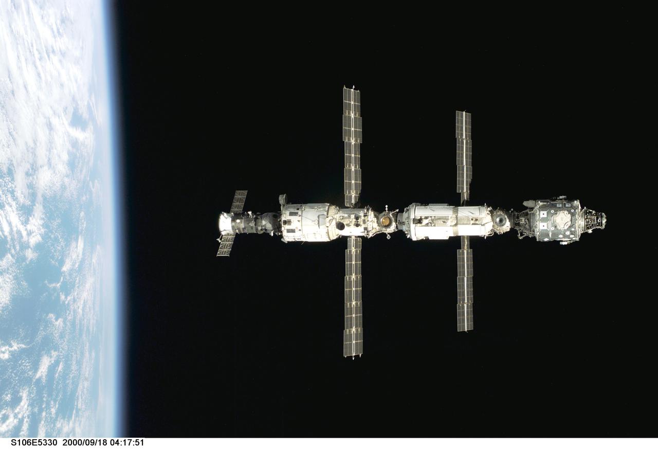 S106-E-5330 (18 September 2000) --- Backdropped against black space above Earth's horizon, the International Space Station (ISS) is seen following its undocking with the Space Shuttle Atlantis. After accomplishing all mission objectives in outfitting the station for the first resident crew, the seven astronauts and cosmonauts undocked at 3:46 GMT on Sept. 18 over Russia near the northeastern portion of Ukraine. When Atlantis was at a safe distance from the station, about 450 feet, astronaut Scott D. Altman, pilot, performed a 90-minute, double-loop fly around to enable the crew to document the station’s exterior. He fired Atlantis’ jets one final time to separate from the station at 5:35 (GMT) September 18.