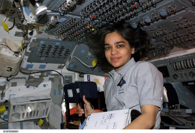 NASA image: Chawla smiles from the AFD of Columbia during STS-107