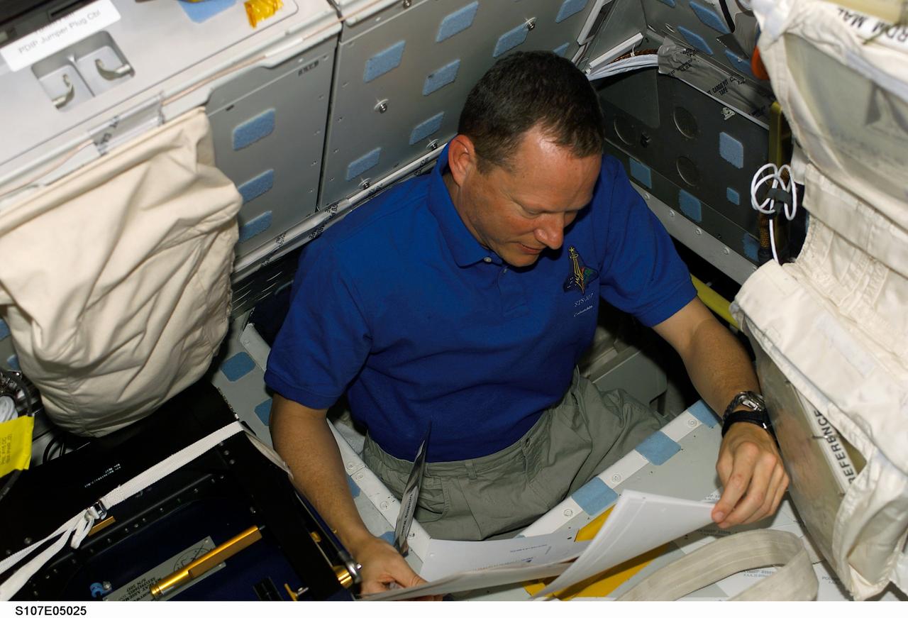 STS107-E-05025 (17 January 2003) --- Astronaut David M. Brown, STS-107 mission specialist, looks over paperwork as he prepares to work with experiments on the SPACEHAB Research Double Module aboard the Space Shuttle Columbia.