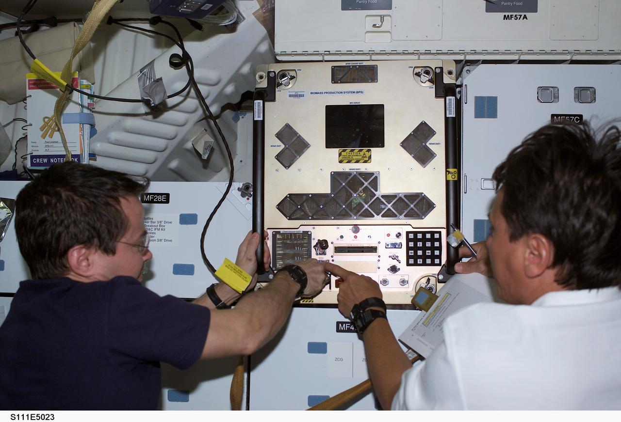 STS111-E-5023 (7 June 2002) --- Astronaut Daniel W. Bursch (left), who has been aboard the International Space Station (ISS) for the past six months, wastes little time in going to work on board the Space Shuttle Endeavour following linkup of the shuttle and station on June 7, 2002.  Bursch, who will return home aboard Endeavour in a few days, shares a task with astronaut Franklin R. Chang-Diaz at the Biomass Production System (BPS) on Endeavour's mid deck.