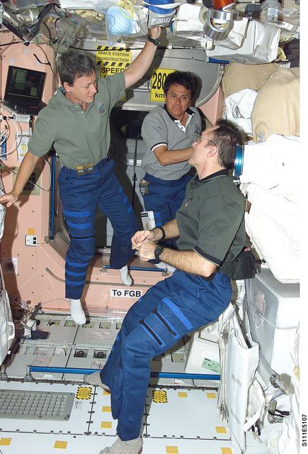 NASA image: Whitson, Chang-Diaz and Walz in Node 1 during STS-111 UF-2 docked OPS