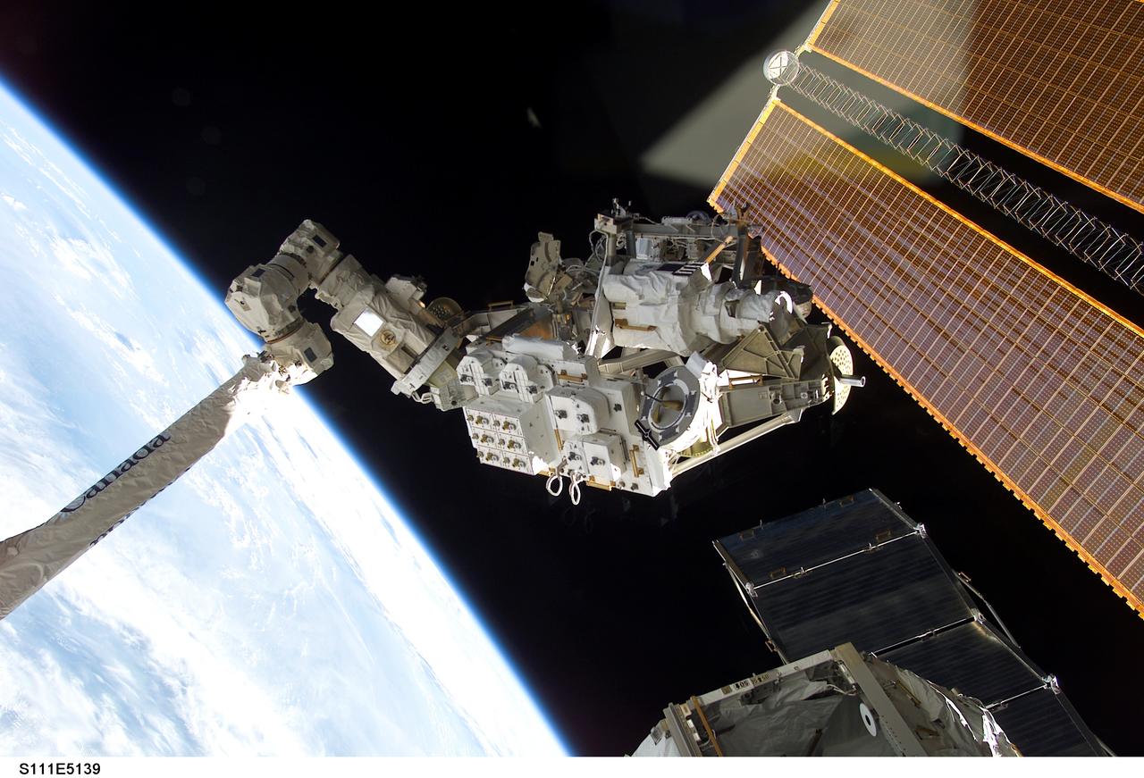 STS111-E-5139 (10 June 2002) --- Backdropped by the blackness of space and Earth&#0146;s horizon, the Mobile Remote Servicer Base System (MBS) is moved by the Canadarm2 for installation on the International Space Station (ISS). Astronauts Peggy A. Whitson, Expedition Five flight engineer, and Carl E. Walz, Expedition Four flight engineer, attached the MBS to the Mobile Transporter on the S0 (S-zero) Truss at 8:03 a.m. (CDT) on June 10, 2002.  The MBS is an important part of the station&#0146;s Mobile Servicing System, which will allow the station&#0146;s robotic arm to travel the length of the station to perform construction tasks.