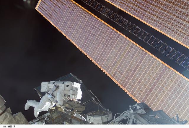 NASA image: Perrin works at the MBS on the S0 (S-zero) truss during STS-111 UF-2 EVA 2