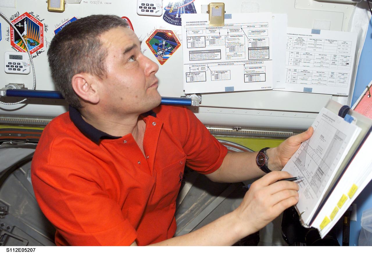 STS112-E-5207 (12 October 2002) --- Cosmonaut Valery Korzun, Expedition Five commander, looks over data relevant  to preparations for an approaching spacewalk of the STS-112 mission. Korzun is one of three Rosaviakosmos  representatives supporting the joint in-space activities of the shuttle and station crews.  Two STS-112 crewmembers  were simultaneously preparing for the second scheduled extravehicular activity (EVA).  The suiting process and the actual EVA are documented in other Flight Day Six digital photos posted in this series.