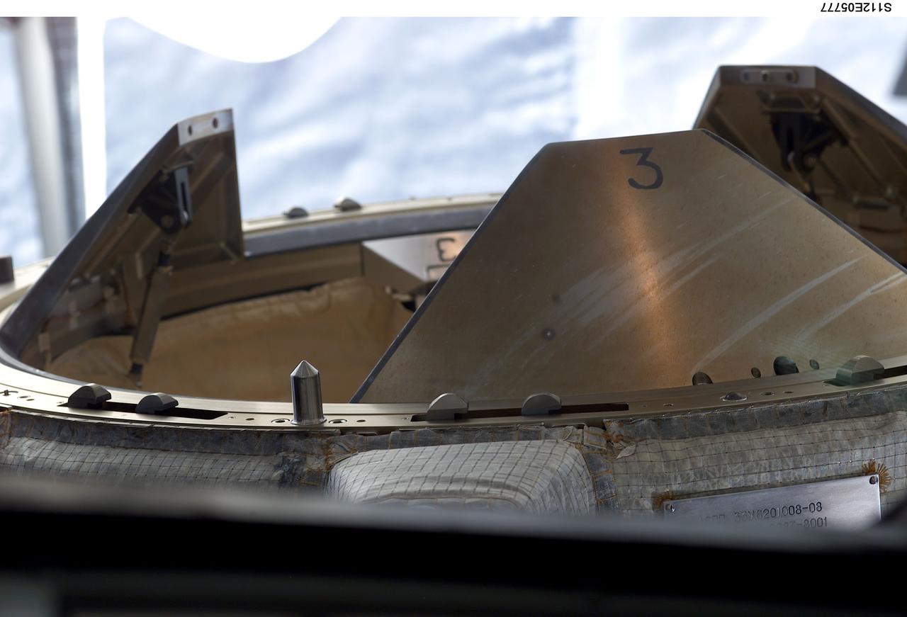 STS112-E-05777 (16 Oct. 2002) --- Close-up view of the Orbiter Docking System (ODS) Androgynous Peripheral Attachment System (APAS) petals extended in the STS-112 orbiter Atlantis payload bay after undocking with the International Space Station.