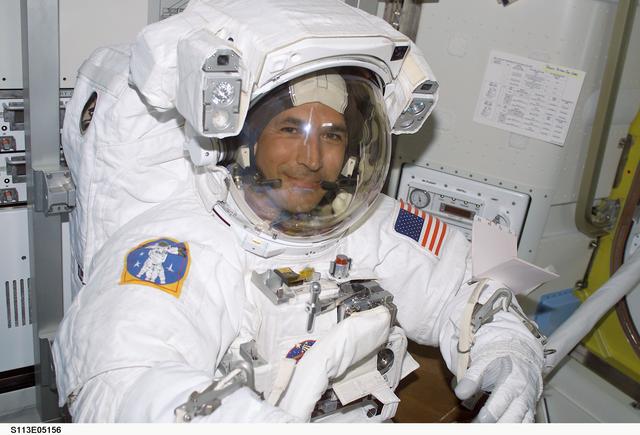 NASA image: EVA Prep OPS - MS Herrington donned in EMU for first EVA during STS-113