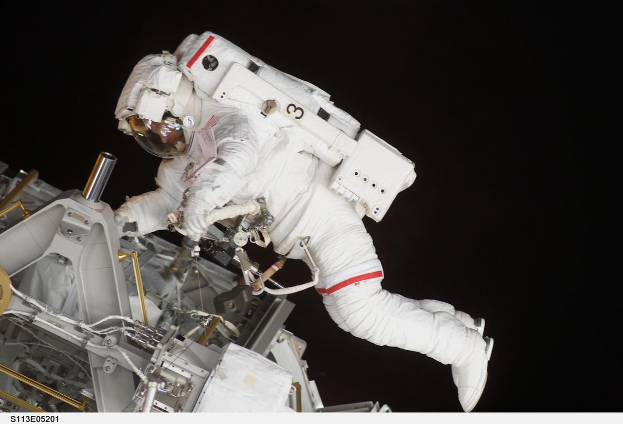 STS113-E-05201 (28 November 2002) --- Astronaut Michael E. Lopez-Alegria, STS-113 mission specialist, works on the newly installed Port One (P1) truss on the International Space Station (ISS) during the mission’s second scheduled session of extravehicular activity (EVA). The spacewalk lasted 6 hours, 10 minutes.