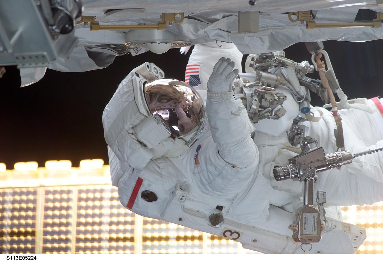 STS113-E-05224 (28 November 2002) --- Astronaut Michael E. Lopez-Alegria, STS-113 mission specialist, participates in the mission’s second scheduled session of extravehicular activity (EVA). The spacewalk lasted 6 hours, 10 minutes.