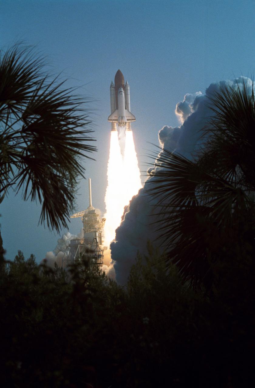 STS028-S-004 (8 Aug. 1989) --- Framed by Florida vegetation, Space Shuttle Columbia soars toward space for the STS-28 mission from Launch Pad 39-B. The spacecraft renews flight after a period of three and a half years, this time with five crewmembers aboard. Onboard the spacecraft are astronauts Brewster H. Shaw Jr., Richard N. Richards, David C. Leestma, James C. Adamson and Mark N. Brown. The last time Columbia was in space was in January of 1986.