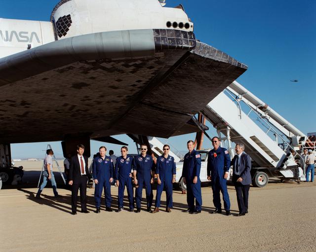 NASA image: STS-28 crew poses for group portrait during post landing activities