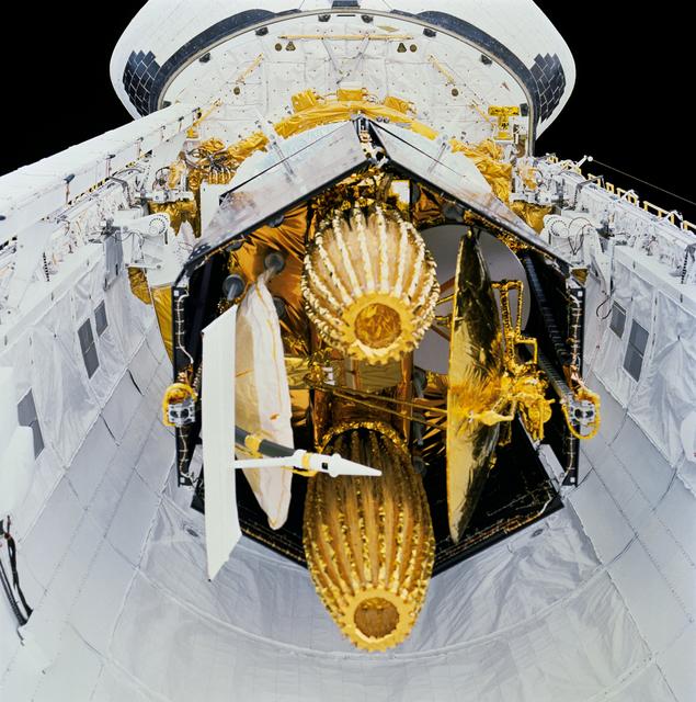NASA image: STS-29 tracking and data relay satellite (TDRS) in OV-103's payload bay (PLB)