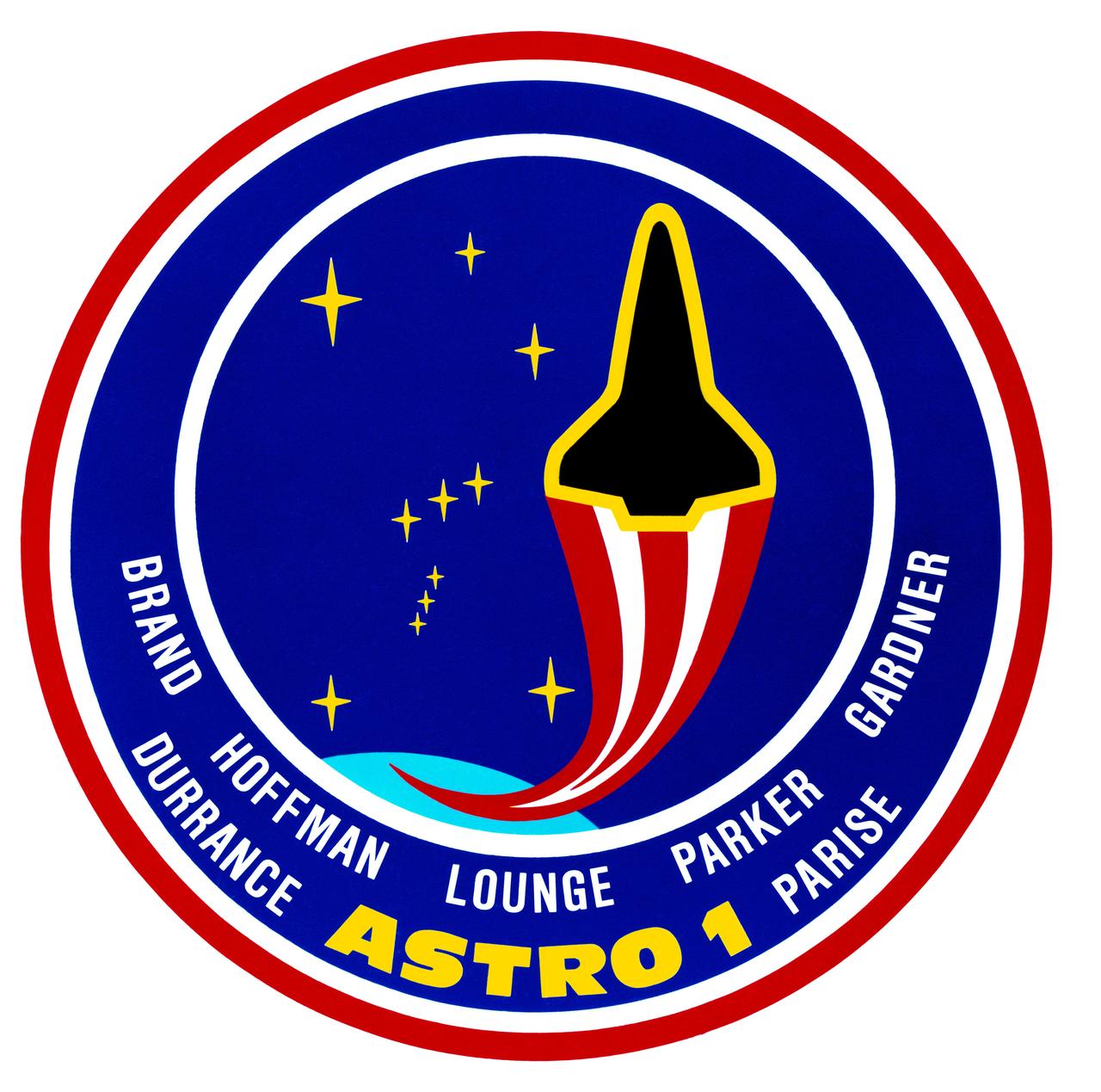 STS035-S-001 (29 Jan. 1990) --- Designed by the crew members assigned to the mission, the STS-35 crew patch symbolizes the space shuttle flying above Earth's atmosphere to better study the many celestial objects of the Universe, represented by the constellation Orion. The primary payload of STS-35 is ASTRO-l, a group of ultraviolet telescopes and the Broad-Band X-Ray Telescope.  Crew members on the flight are astronauts Vance D. Brand, commander; Guy S. Gardner, pilot; and Jeffrey A. Hoffman, John M. (Mike) Lounge, Robert A. R. Parker, all mission specialists; along with the two payload specialists - Samuel T. Durrance and Ronald Parise.     The NASA insignia design for space shuttle flights is reserved for use by the astronauts and for other official use as the NASA Administrator may authorize. Public availability has been approved only in the forms of illustrations by the various news media. When and if there is any change in this policy, which is not anticipated, the change will be publicly announced. Photo credit: NASA