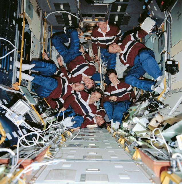 NASA image: STS-42 OV-103 crew poses for onboard (in-space) portrait in IML-1 SL module