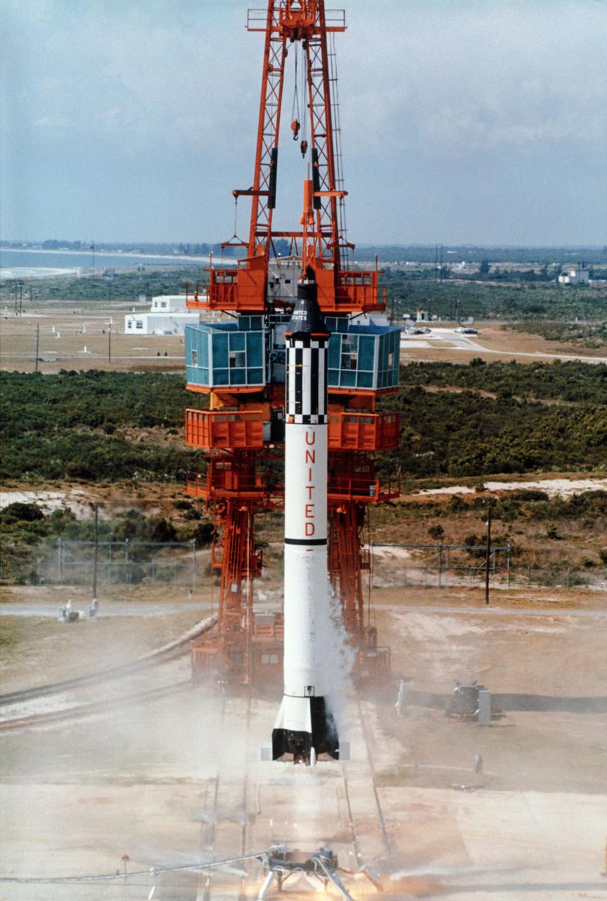 S61-01928 (5 May 1961) --- Mercury-Redstone 3 (MR-3), the United States' first manned spaceflight, is launched from Cape Canaveral on a suborbital mission. Astronaut Alan B. Shepard Jr. was the pilot of the Mercury spacecraft, designated "Freedom 7".  The spacecraft attained a maximum speed of 5,180 miles per hour (mph), reached an altitude of 116 1/2 statute miles, and landed 302 statute miles downrange from Cape Canaveral, Florida. Photo credit: NASA or National Aeronautics and Space Administration