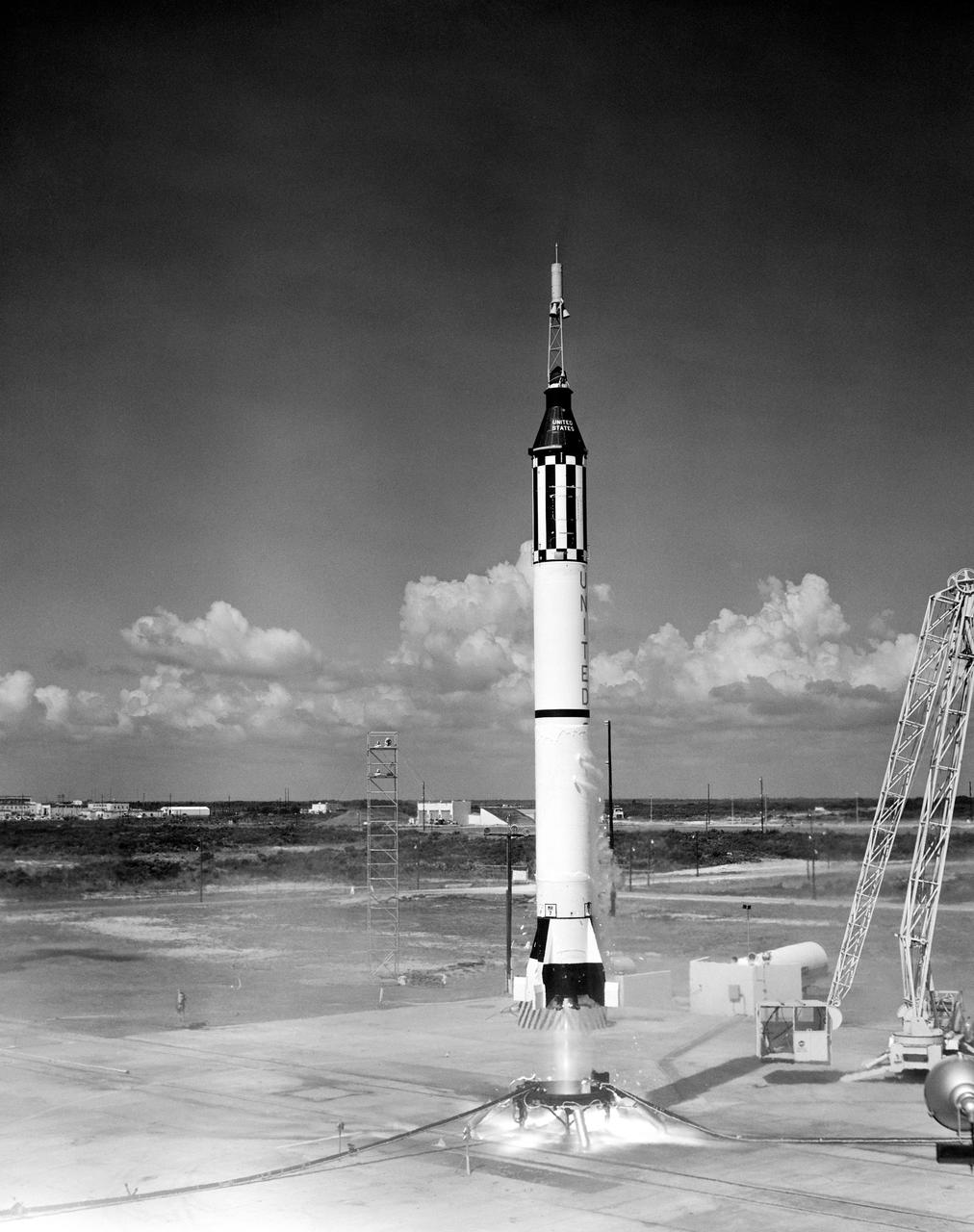 S61-02408 (5 May 1961) --- Launching of the Mercury-Redstone 3 (MR-3) rocket from Cape Canaveral on astronaut Alan B. Shepard?s suborbital mission. Photo credit: NASA or National Aeronautics and Space Administration