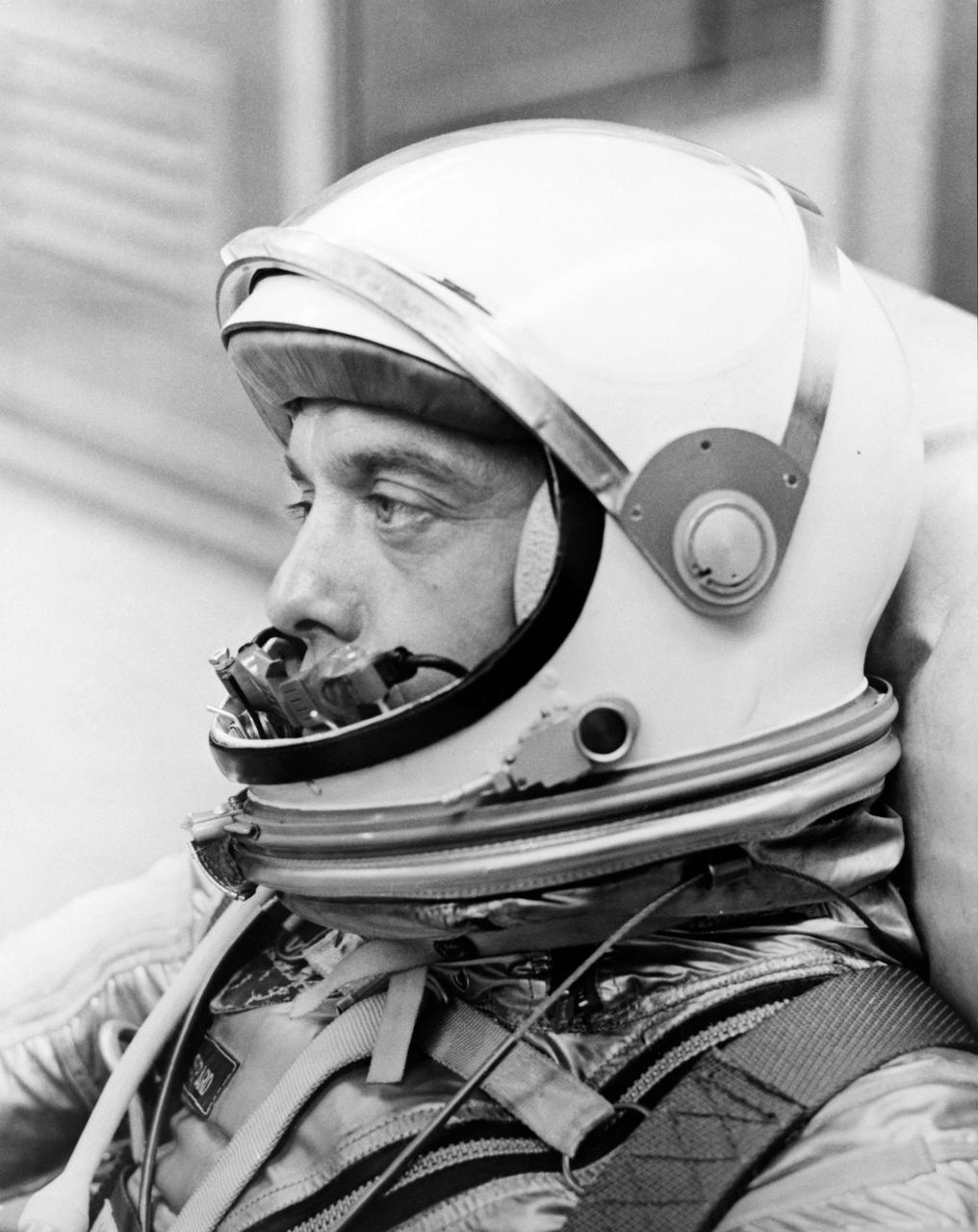 S61-02775 (5 May 1961) --- Close-up view of astronaut Alan B. Shepard Jr. in his pressure suit, with helmet opened, for the Mercury-Redstone 3 (MR-3) flight, the first American manned spaceflight. Photo credit: NASA or National Aeronautics and Space Administration
