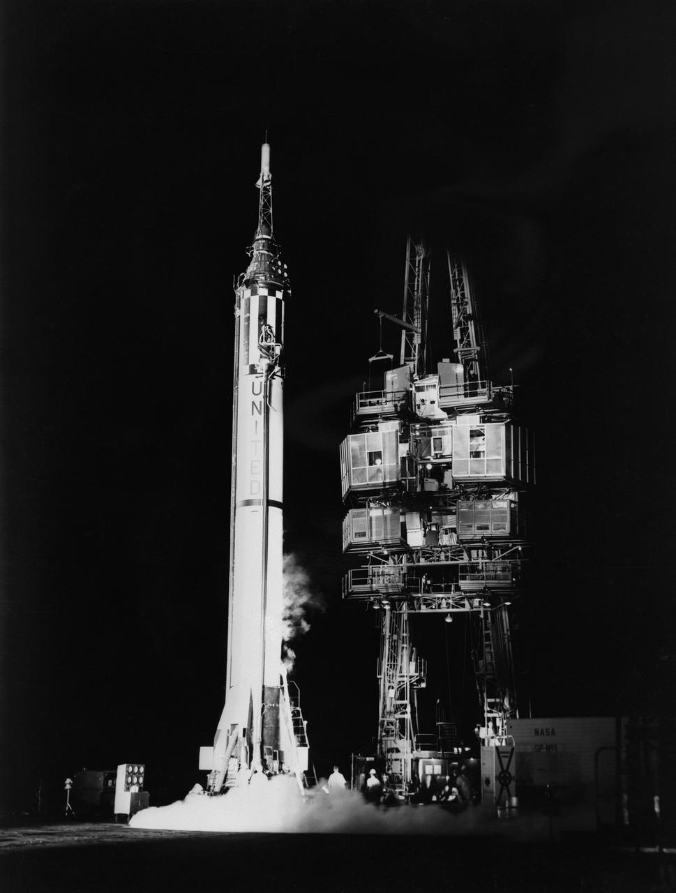 S61-03158 (1961) --- Mercury-Redstone 3 (MR-3) missile standing alone on launch pad. Photo credit: NASA or National Aeronautics and Space Administration