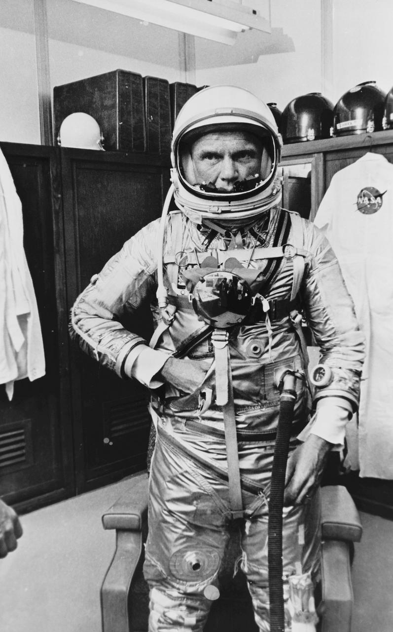 S62-00961 (20 Feb. 1962) --- Mercury astronaut John H. Glenn Jr., suited in full Mercury suit, prepares for launch. Photo credit: NASA