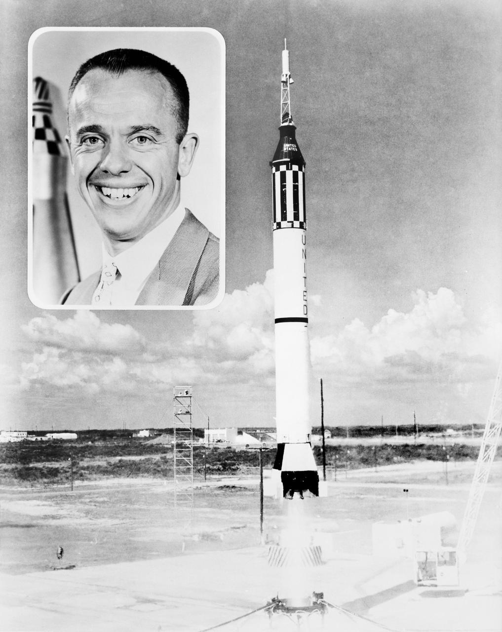 S62-01151 (5 May 1961) --- The liftoff of the Mercury-Redstone 3 (MR-3) on May 5, 1961, piloted by astronaut Alan B. Shepard, Jr., whose portrait is in inset.  Shepard went on a 15-minute sub-orbital flight.  The spacecraft was designated the ?Freedom? 7.