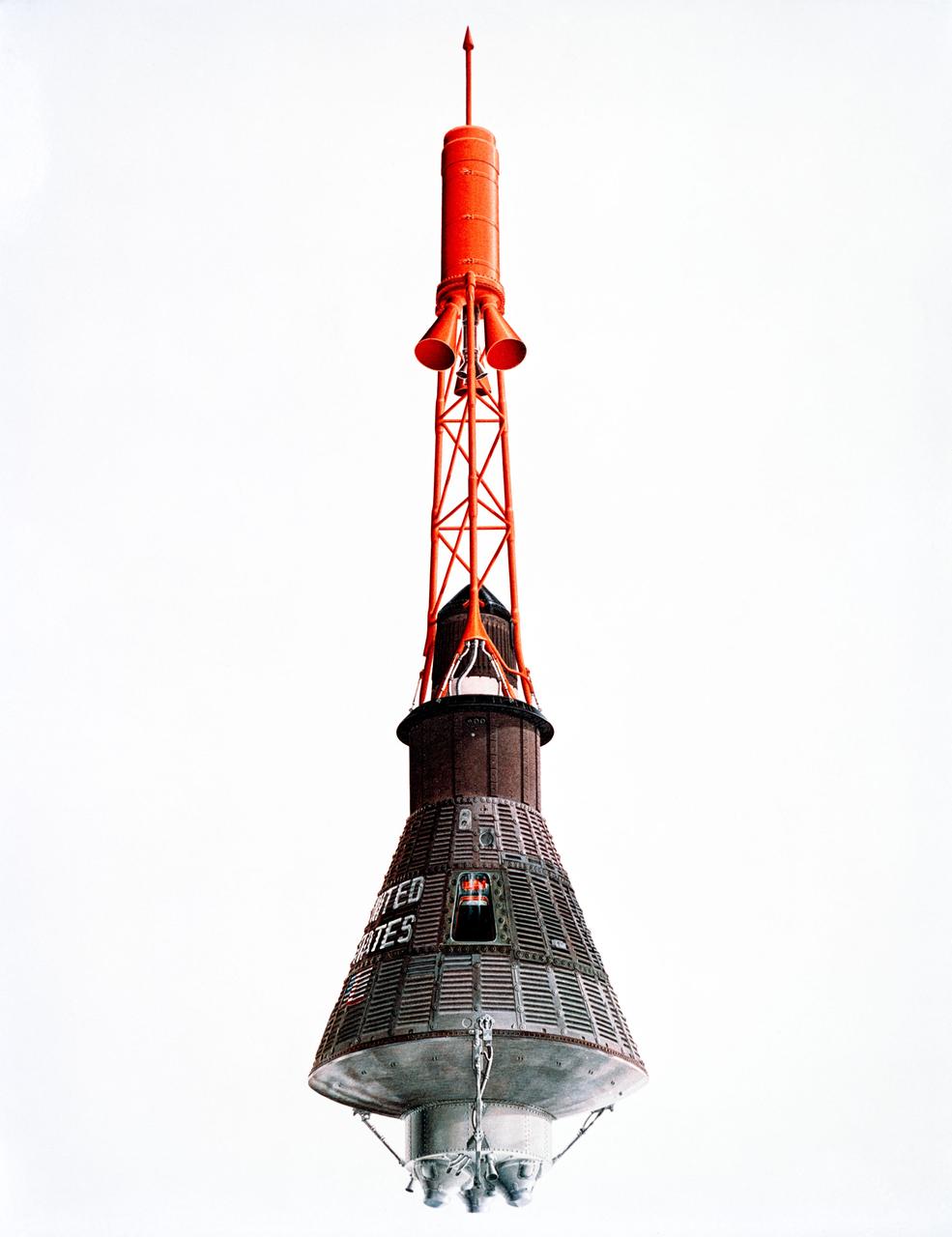 S62-04976 (31 Aug. 1962) --- Artist concept of the Mercury capsule with its launch escape system. Photo credit: NASA