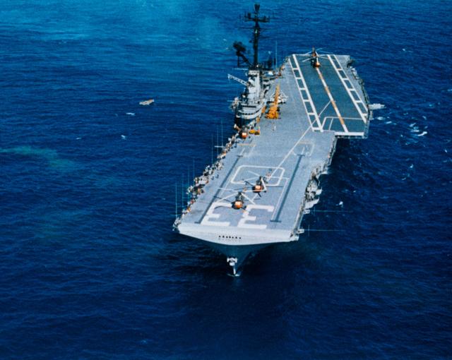 NASA image: Aerial view of the U.S.S. Kearsarge, recovery ship for the Mercury-Atlas 8 mission.