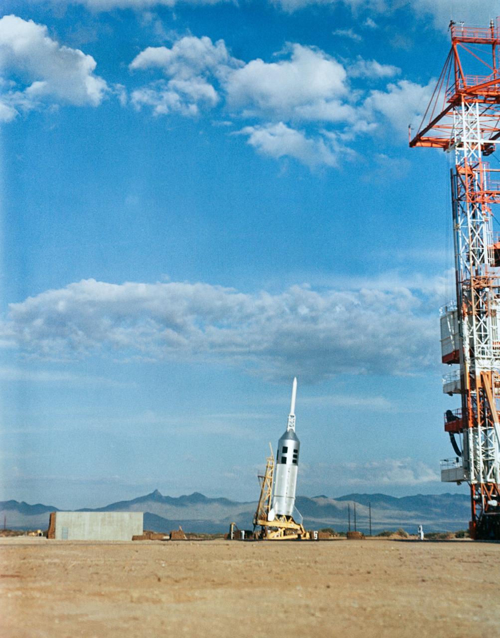 Little Joe II liftoff from the Apollo Little Joe II launch area #3 at White Sands Missile Range, White Sands, New Mexico.
