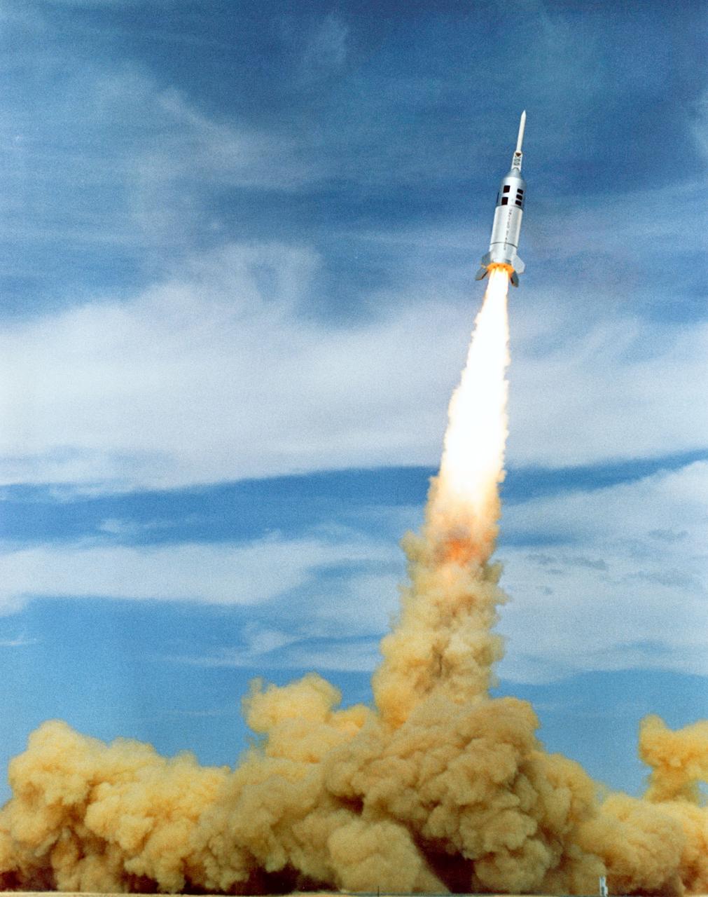 View of the liftoff of Little Joe II launch vehicle at the White Sands Missile Range, New Mexico.