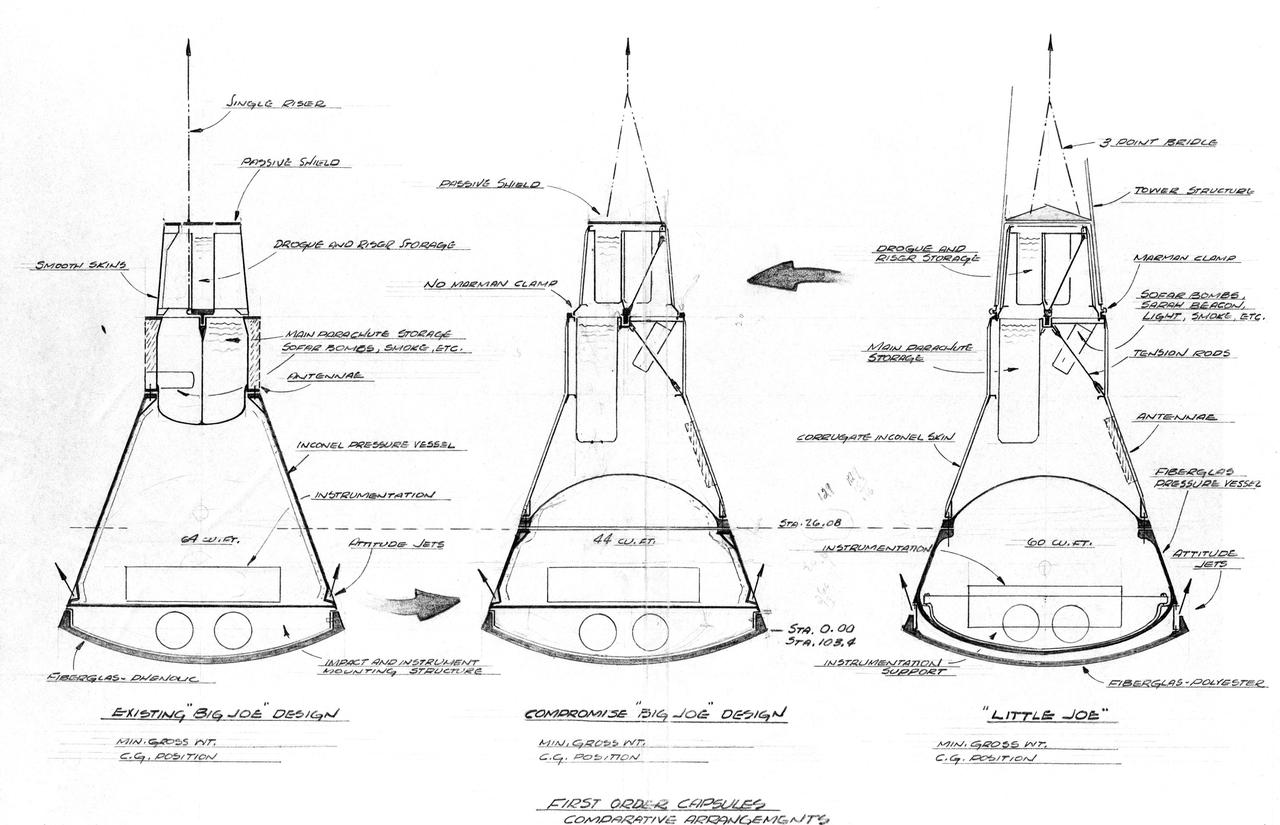 S63-19317 (October 1963) --- Pen and ink views of comparative arrangements of several capsules including the existing "Big Joe" design, the compromise "Big Joe" design, and the "Little Joe". All capsule designs are labeled and include dimensions. Photo credit: NASA