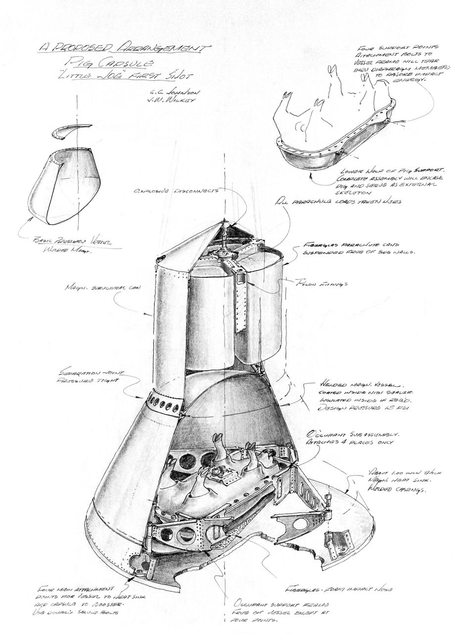 S63-19319 (October 1963) --- Pen and ink drawing of a proposed arrangement for a Pig Capsule in Little Joe capsule first shot. Photo credit: NASA