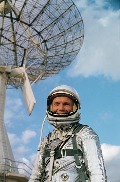 NASA image: Astronaut John Glenn poses for press photographers at Cape Canaveral