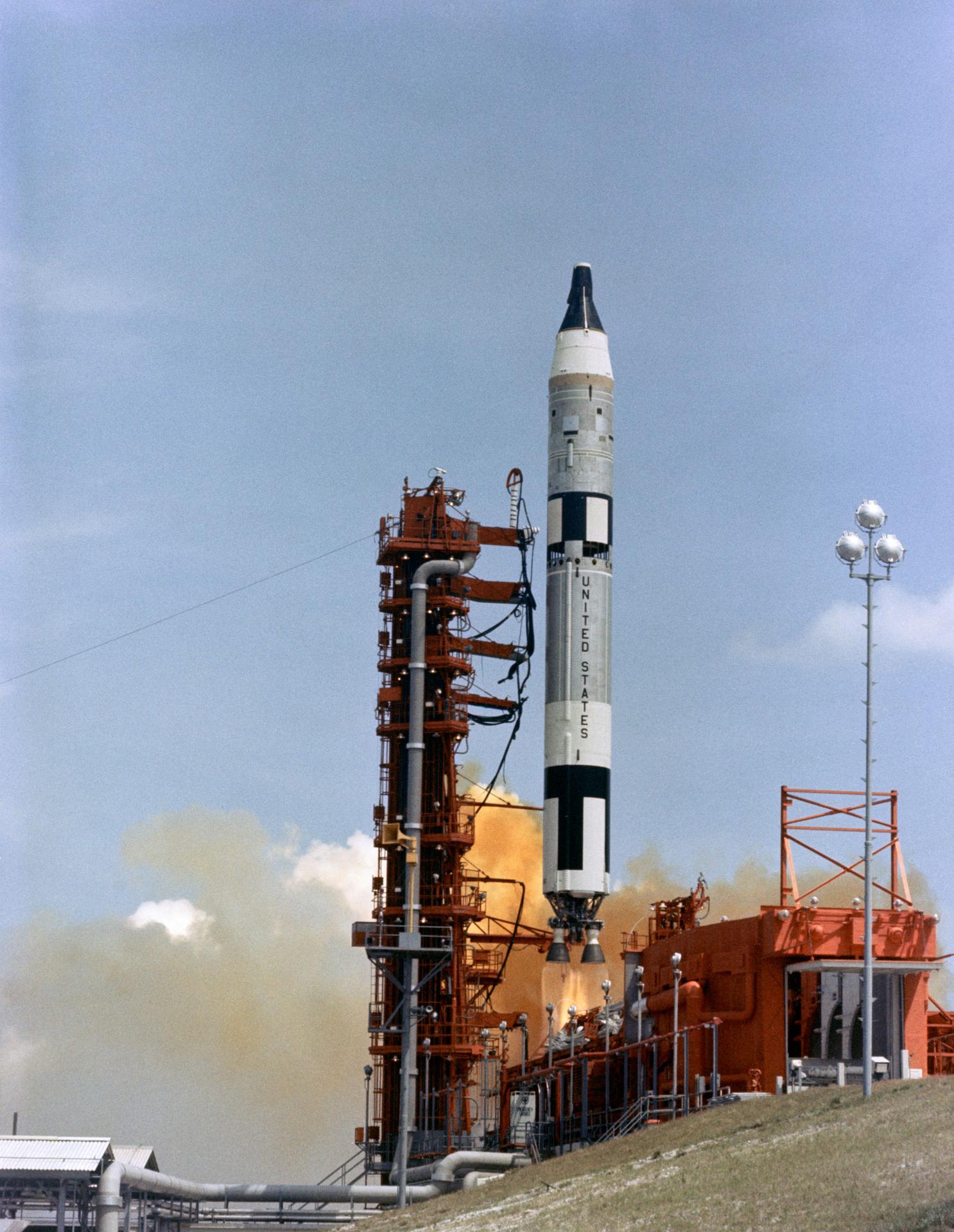 The Gemini/Titan-II launch vehicle #1 lifts off at Cape Kennedy, Florida.