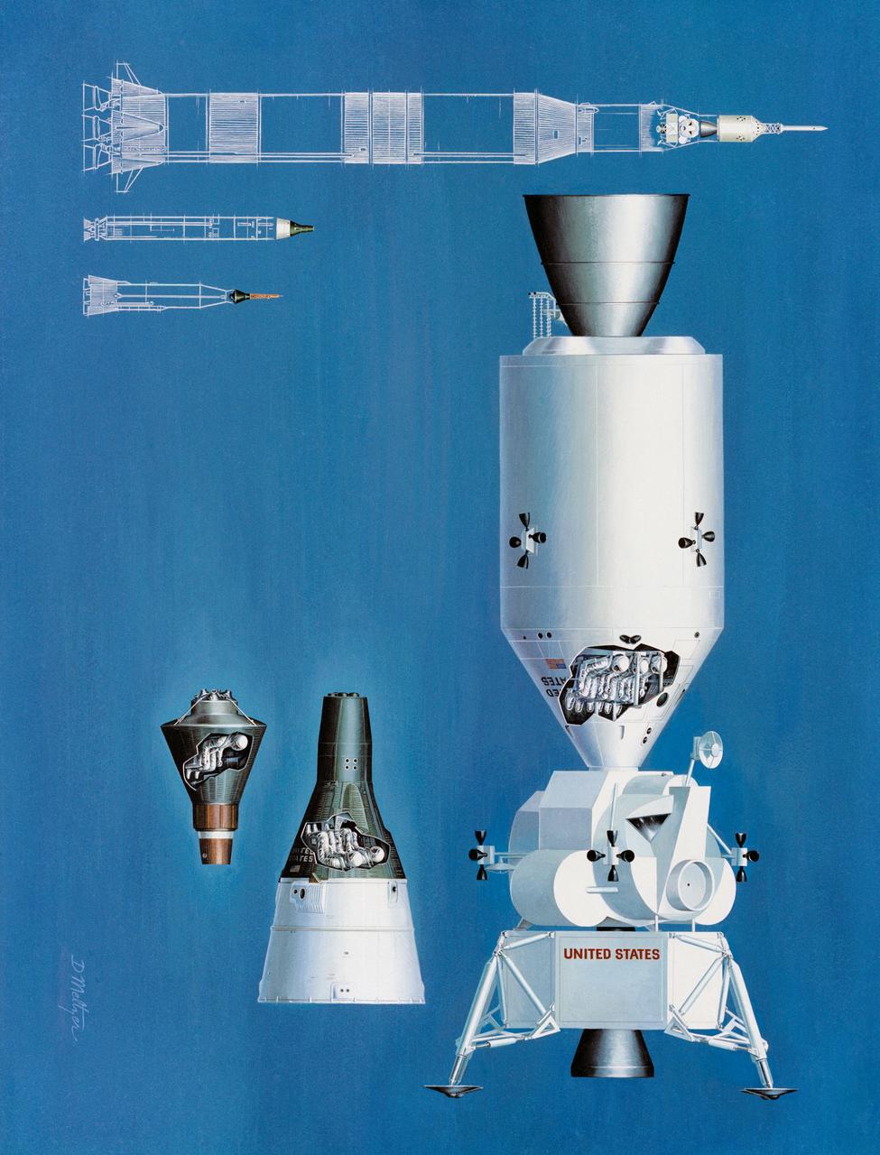 S64-22331 (1964) --- Artist concept illustrating the relative sizes of the one-man Mercury spacecraft, the two-man Gemini spacecraft, and the three-man Apollo spacecraft. Also shows line drawing of launch vehicles to show their relative size in relation to each other. Photo credit: NASA