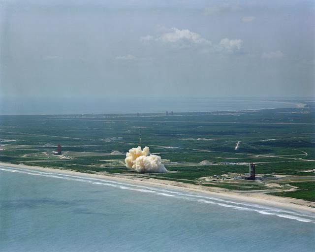 NASA image: Aerial view Gemini/Titan-II launch vehicle #1 liftoff at Cape Kennedy