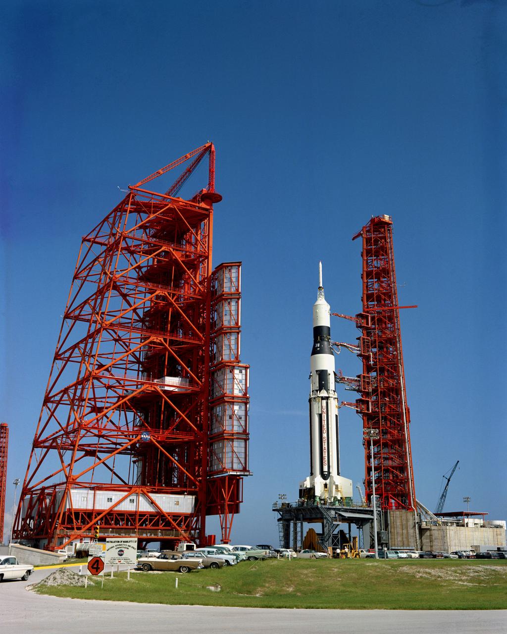 View of a Saturn I on the launch pad for a Radio Frequency Interference Test, to be conducted at LC-37A. Cape Kennedy Missile Test Center