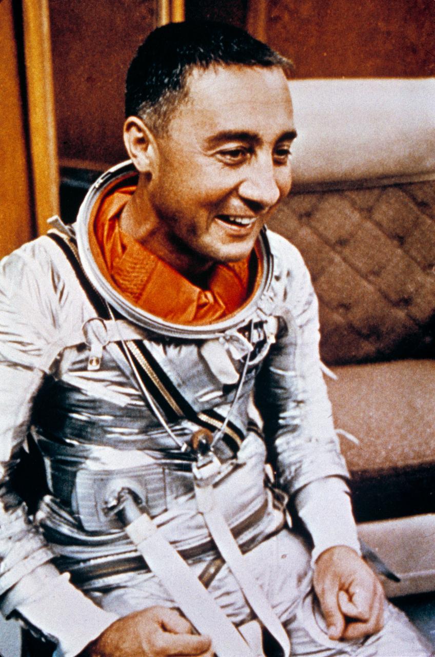 S64-36909 (1961) --- Astronaut Virgil I. (Gus) Grissom, pilot of the Mercury-Redstone 4 (MR-4) spaceflight, wearing Mercury pressure suit, poses for picture during training activities at the Florida Space Center. Photo credit: NASA