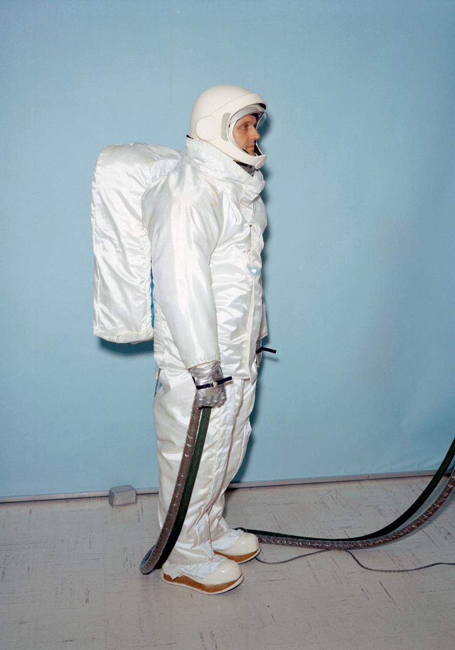 Test subject wears Apollo overgarment designed specially for use by astronauts on lunar surface missions. The overgarment is worn over the Apollo space suit.