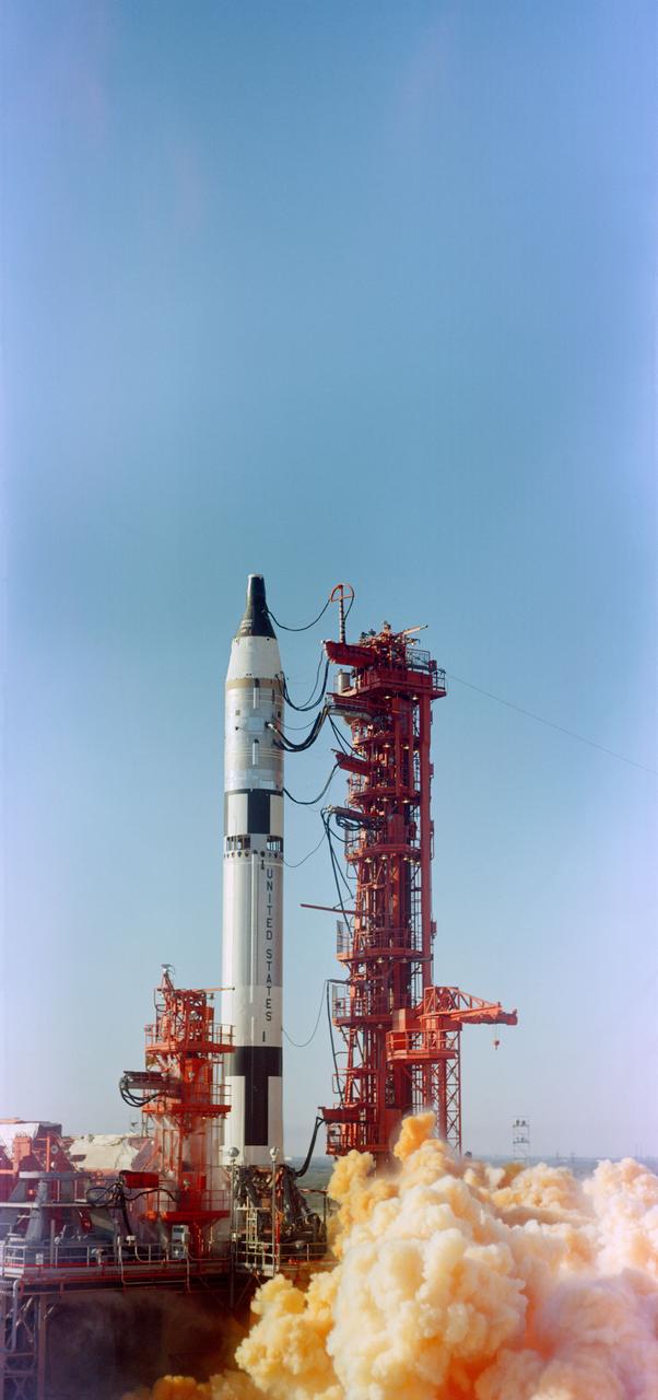 S65-14150 (19 January 1965) --- Launching of the unmanned Gemini 2 flight. The second Titan II Gemini Launch Vehicle (GLV-2) carried the unmanned, instrumented Gemini spacecraft (GT-2) for a suborbital shot preliminary to the first U.S. two-man Gemini mission.