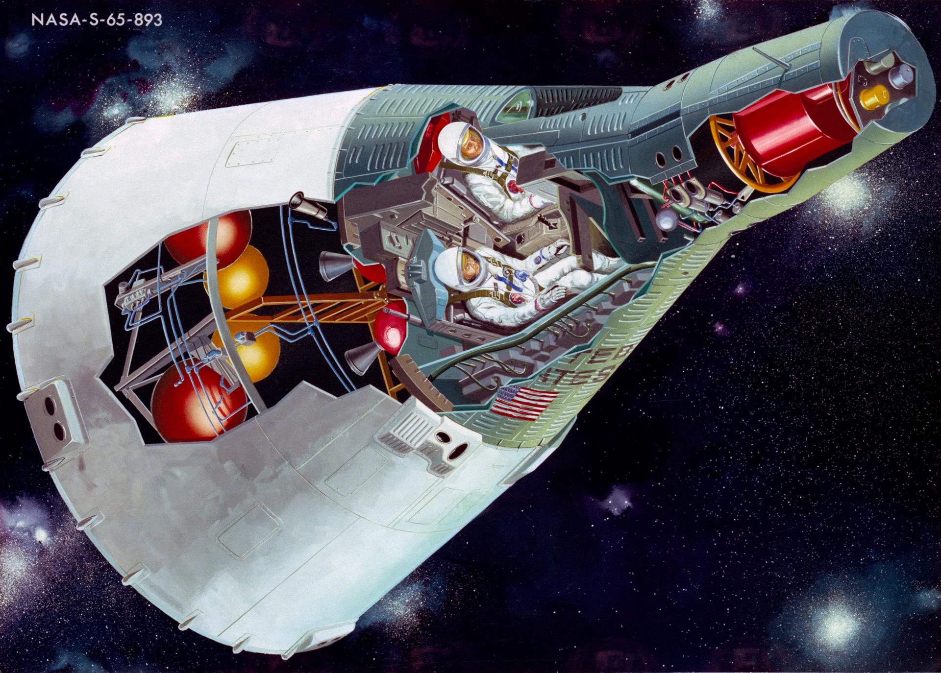 Illustration showing a cutaway view of the Gemini spacecraft in flight