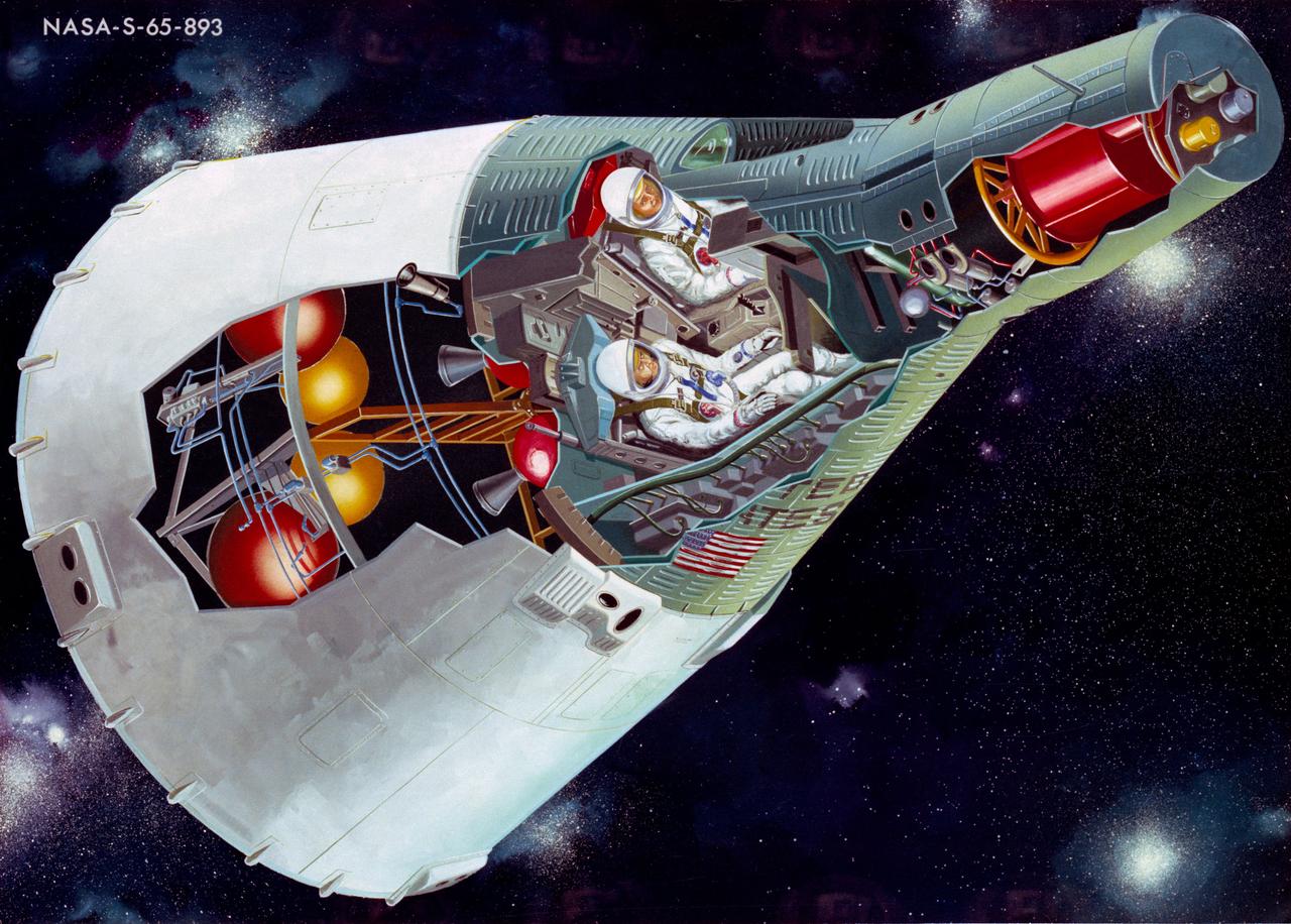 S65-14257 (January 1965) --- This is an artist's concept of a two-man Gemini spacecraft in flight, showing a cutaway view.