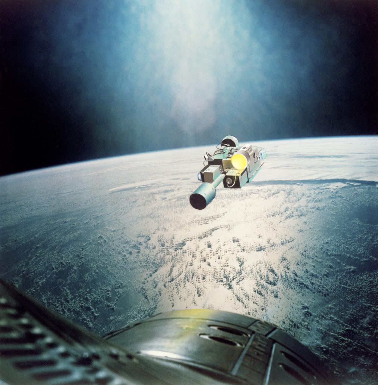 S65-28653 (August 1965) --- Rendezvous Evaluation Pod (REP) in orbit is approached by Gemini spacecraft as seen in this artist's concept using an actual photograph taken on the Gemini-4 mission. The REP is superimposed over a Gemini-4 Earth-sky picture of cloud formations over an ocean. The REP will be used by the crew of the Gemini-5 spacecraft to practice rendezvous techniques.