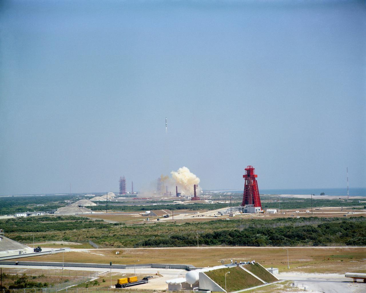 S65-29601 (3 June 1965) --- Distant view of the launch of the Gemini-Titan 4 (GT-4) spacecraft from Pad 19 at 10:16 a.m. (EST) on June 3, 1965. The Gemini IV spacecraft carried astronauts James A. McDivitt, command pilot; and Edward H. White II, pilot, on a four-day, 62-revolution mission that lasted 97 hours and 56 minutes.