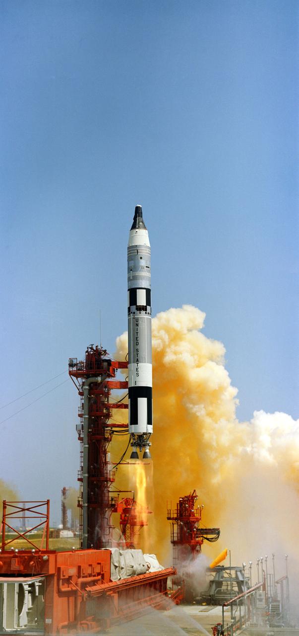 S65-29635 (3 June 1965) --- The Gemini-Titan 4 (GT-4) spaceflight launches from Cape Kennedy's Pad 19 at 10:16 a.m. (EST) on June 3, 1965. The GT-4 spacecraft carried astronauts James A. McDivitt, command pilot, and Edward H. White II, pilot, on a four-day, 62-revolution mission. Photo credit: NASA